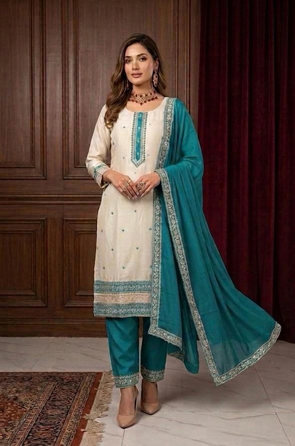 Premium Embroided Cream Straight Cut Shalwar Suit