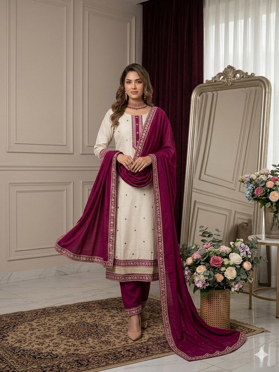 Premium Embroided Cream Straight Cut Shalwar Suit