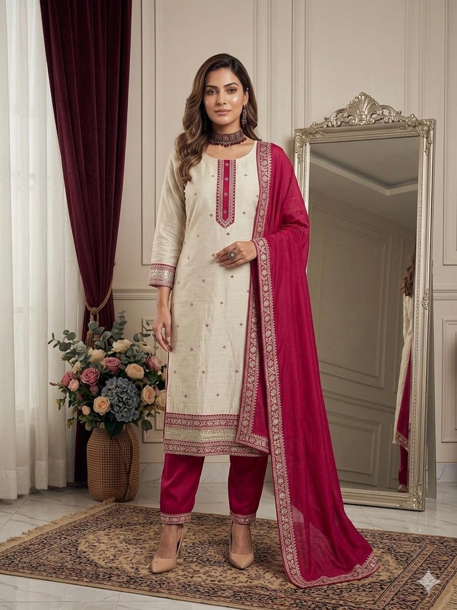 Premium Embroided Cream Straight Cut Shalwar Suit